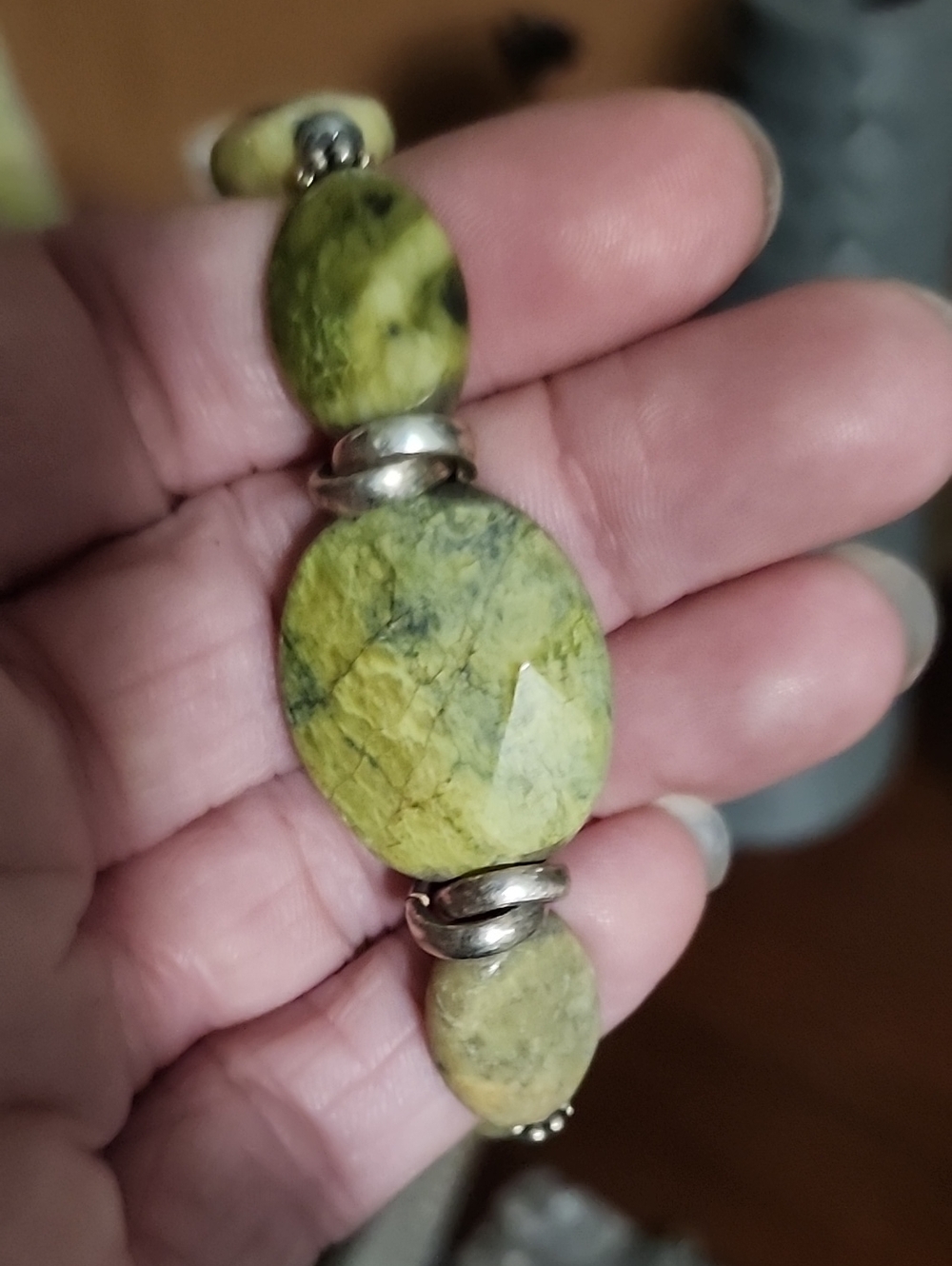 Green Stone Bead Bracelet with Silver Accents